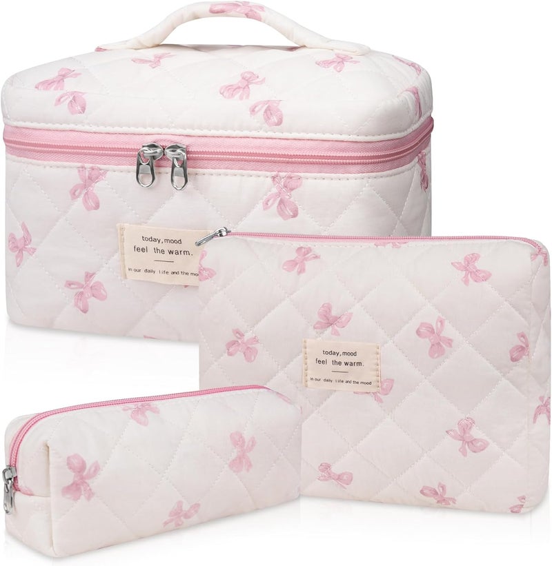 Gosect 3PC Makeup Bag Set, Quilted Makeup Bag Set, Large Floral Cosmetic Bag for Women, Cute Cotton Makeup Bags, Flower Travel Toiletry Organizer Bag (White Pink Bow Tie) - Image 1